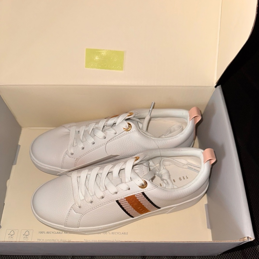 Ted Baker White Sneakers with Pink and Brown Accents, sz 6.5 - Picture 3 of 5